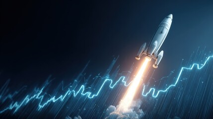 Rocket Launching into Space with Vibrant Flames and Dynamic Data Chart Background for Innovation and Technology Concepts