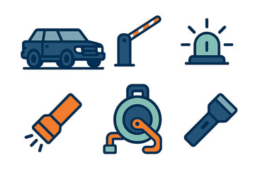 Collection of security and utility icons including car, barrier, siren, and flashlights