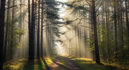 Fototapeta premium A mysterious path in an ancient forest, dense morning fog filtering through tall pine trees, sun rays creating ethereal light beams, mystical and serene atmosphere, hyperrealistic photography