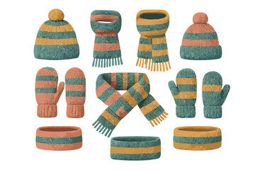 Cozy striped winter accessories set featuring knitted hats, scarves, and mittens