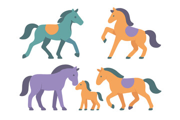 Colorful stylized horses and ponies set in various poses isolated on white