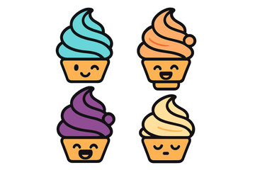 Four colorful soft serve ice cream desserts in cups with cute cartoon faces and expressions