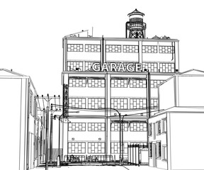 An abandoned factory building with a clock tower stands in stark black and white contour drawing. Surrounding poles, wires, and details are highlighted against a plain white background.