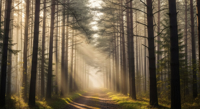 A mysterious path in an ancient forest, dense morning fog filtering through tall pine trees, sun rays creating ethereal light beams, mystical and serene atmosphere, hyperrealistic photography