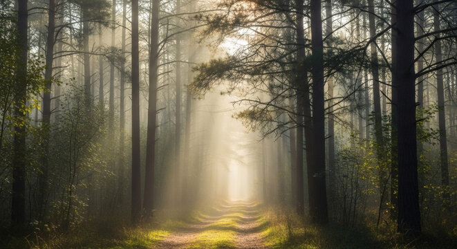 A mysterious path in an ancient forest, dense morning fog filtering through tall pine trees, sun rays creating ethereal light beams, mystical and serene atmosphere, hyperrealistic photography
