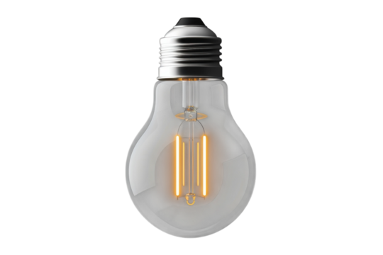 Glowing filament light bulb showcases energy efficiency and modern design elements on transparent background - Powered by Adobe