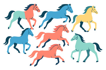 Seamless pattern featuring a dynamic group of stylized horses running and trotting in vibrant colors and modern flat design style