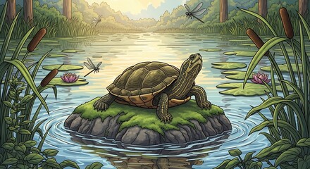 Turtle basking on mossy rock in serene pond illustration.