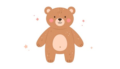 Cute Brown Teddy Bear Illustration with Subtle Sparkles on White Background.