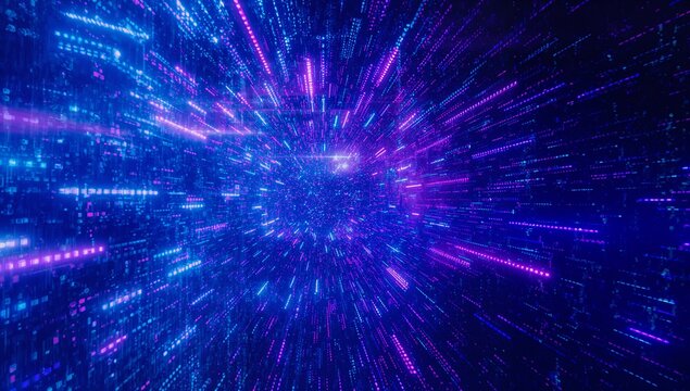 Rotating central vortex drawing data streams in cyber tunnel, with blue magenta light particles