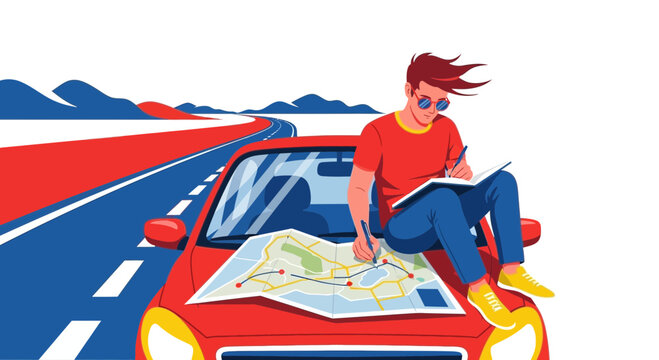 A man planning a travel route on a map while sitting on a car's hood, vector