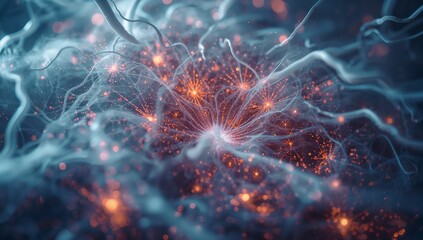 Radiating translucent-branching fibers in void, with glowing orange synapses, particles, copy space