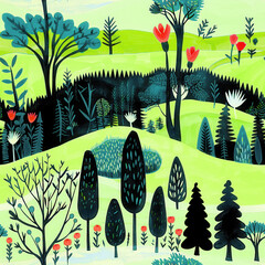 Vibrant landscape illustration featuring whimsical trees and flowers in a serene natural setting