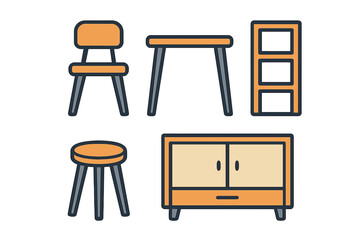 Set of basic home furniture icons including chair table stool cabinet and shelving unit