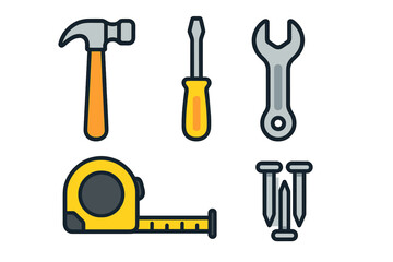 Essential repair and DIY tools including hammer screwdriver wrench tape measure and nails