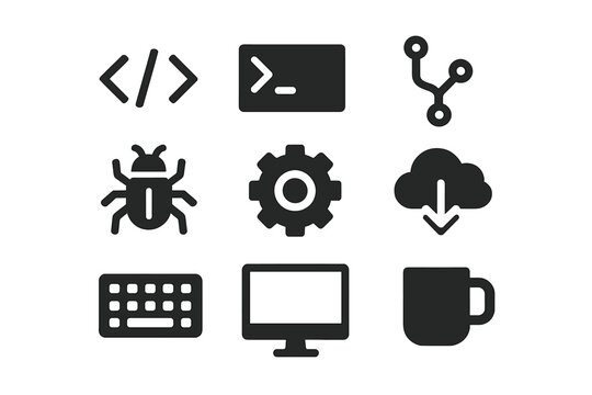 Collection of essential glyphs for software development, IT, and digital interface design