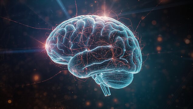 Hologram brain hovering in void with neural lines, electric sparks, glowing particles, light flares