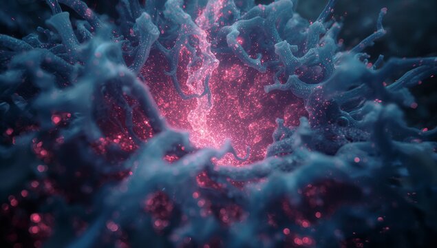 Pulsing glowing core sending vibrant pink particles in virtual environment with blue tendrils - Powered by Adobe