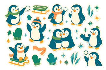 Adorable cartoon penguins playing in the snow with winter clothes and accessories