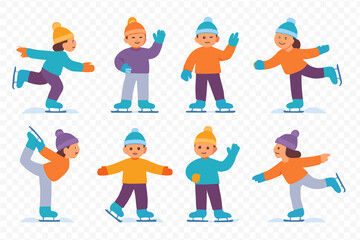 Diverse group of happy children ice skating in various poses wearing colorful winter hats