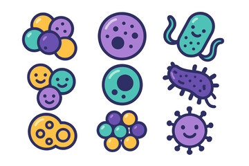 Nine colorful microbiology symbols representing germs and microscopic pathogens