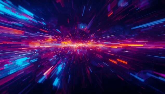 Racing neon streaks converging toward central bright burst in hyperspace tunnel, digital theme