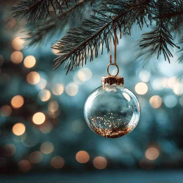 Christmas ornament mockup hanging on pine branch with lights
