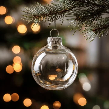 Festive glass ornament reflecting lights on evergreen branch