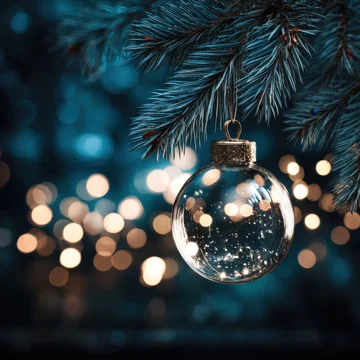 Shiny Christmas ball hanging on green pine branch closeup