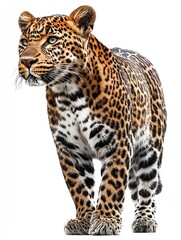 Portrait of a leopard standing and looking proudly to the side, on a white background.