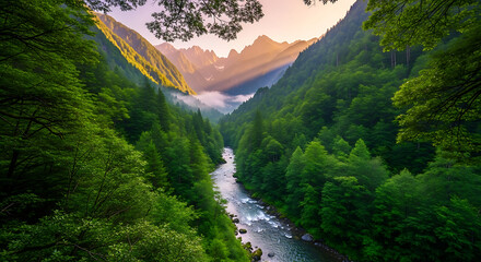 Verdant Valley - A Serene River Journey Through Lush Mountains.