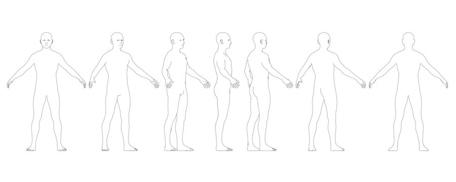 Realistic male character set contour drawing in multiple anatomical positions. Black outlines on white background clearly define the human body structure.