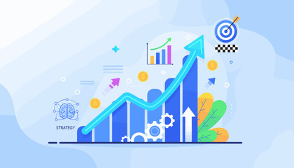 Abstract visual representation of business growth and strategy, featuring a rising blue arrow graph, target with dart, coins, gears, and brain icon symbolizing planning and success in a modern, clean