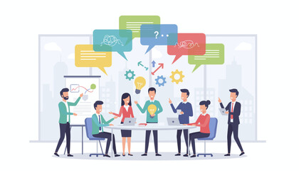 Diverse group of professionals collaborating around a table, brainstorming ideas with colorful speech bubbles, lightbulbs, and gears symbolizing innovation and teamwork in a modern office setting