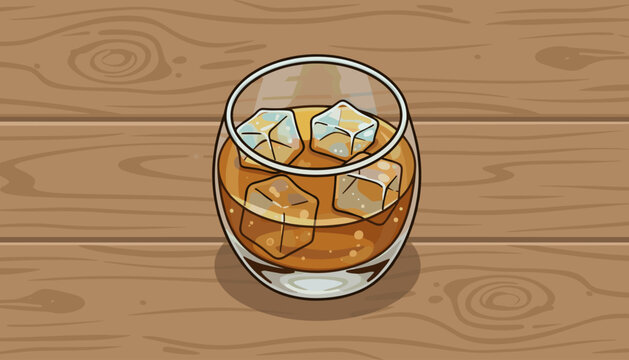 A close-up, top-down view of a clear glass tumbler filled with amber-colored whiskey and several clear ice cubes, set against a warm, rustic wooden table surface, creating a cozy and inviting