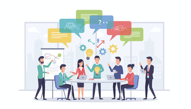 Diverse group of professionals collaborating around a table, brainstorming ideas with colorful speech bubbles, lightbulbs, and gears symbolizing innovation and teamwork in a modern office setting