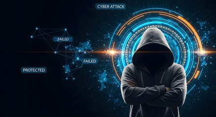 Hooded hacker with digital interface, concept of cyber security and crime