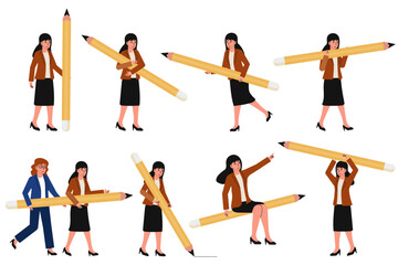 Creative professional showcases large colored pencils in a playful office environment