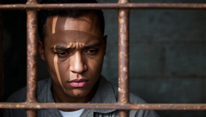 Peering solitary man wearing grey prison uniform shirt inside prison cell, with rusty metal bars