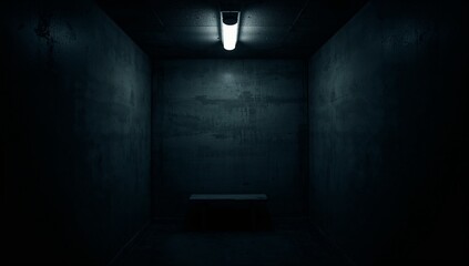 Providing seating bench standing in dimly lit concrete room, with harsh fluorescent ceiling light