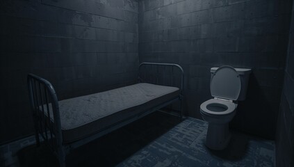 Showing metal bed with mattress in cell, with cinder-block walls, concrete floor and white toilet