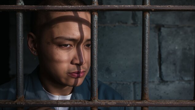 Standing Asian inmate wearing dark blue jumpsuit with hoop earring in prison cell, with rusty bars - Powered by Adobe
