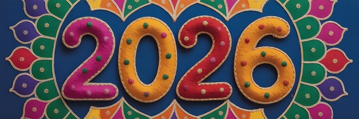 Colorful 2026 numbers decorated with dots and surrounded by a traditional indian rangoli pattern on a blue background