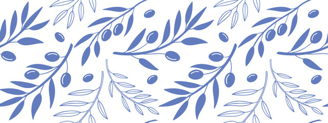 Elegant seamless blue olive branch pattern with hand-drawn leaves and fruit on white background. Minimal botanical design perfect for Mediterranean textiles, and packaging. Ideal for modern  © Sk