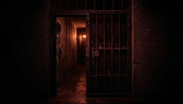 Opening metal prison cell door into dimly lit concrete corridor, with rusted bars and peeling paint