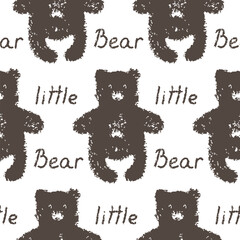 Seamless pattern of textured teddy bear silhouettes with the handwritten words little bear, cute childish design for fabric, nursery decor, wrapping paper, and baby product branding in neutral brown