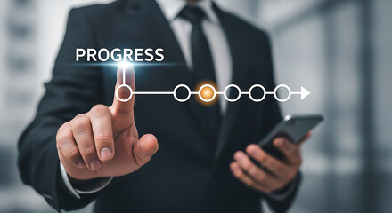 Business progress timeline interface on virtual touch screen