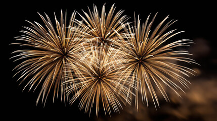 Obraz premium Stunning Golden Fireworks Bursting in Dark Night Sky, Close Up View Showcasing Vibrant Colors and Captivating Patterns for Celebratory Occasions