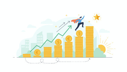 Vivid vector illustration depicting a superhero-like businessman in a red cape leaping upwards on a rising graph made of stacked gold coins, symbolizing financial growth, success, and motivation