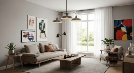Fototapeta premium Contemporary luxury living room interior design with a sofa, modern fireplace, and large window